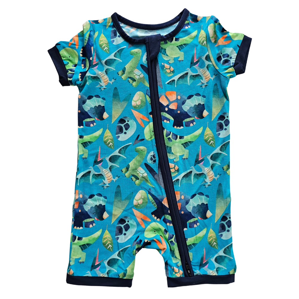 Dinosaurs on Teal Bamboo Romper