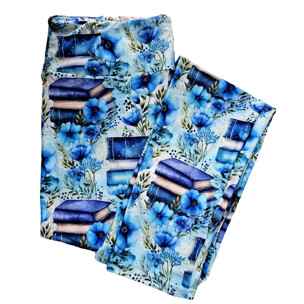 Blue Floral Bookstack Adult Leggings