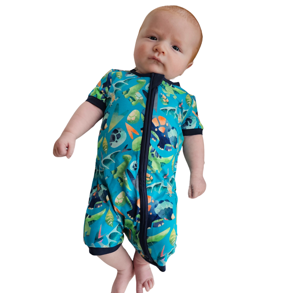 Dinosaurs on Teal Bamboo Romper